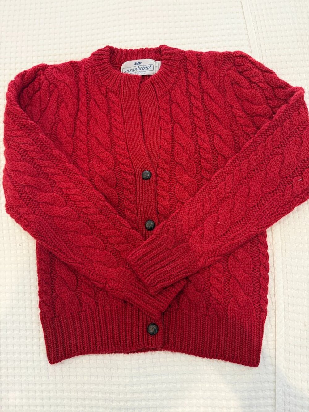 VINTAGE Susan Bristol Cable Knit 100% Wool Cardigan Sweater EUC